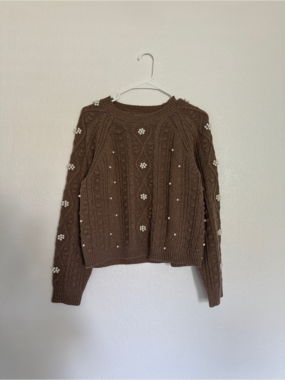 CeCe Women's Brown Pearl-Embellished Cable Knit Sweater S